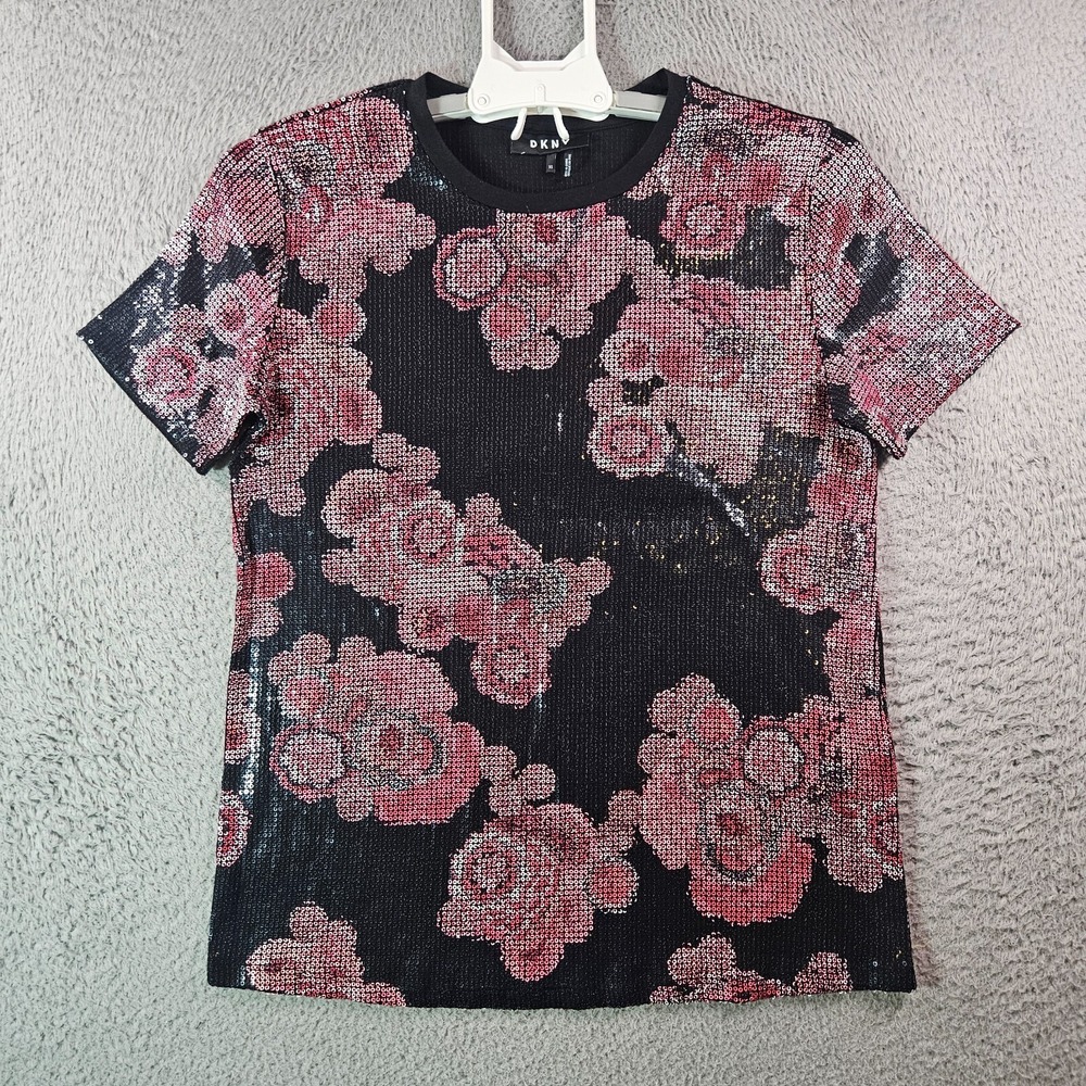 DKNY Tee Top Women XS Geometric Floral Sequin Short Sleeve Stretch Black